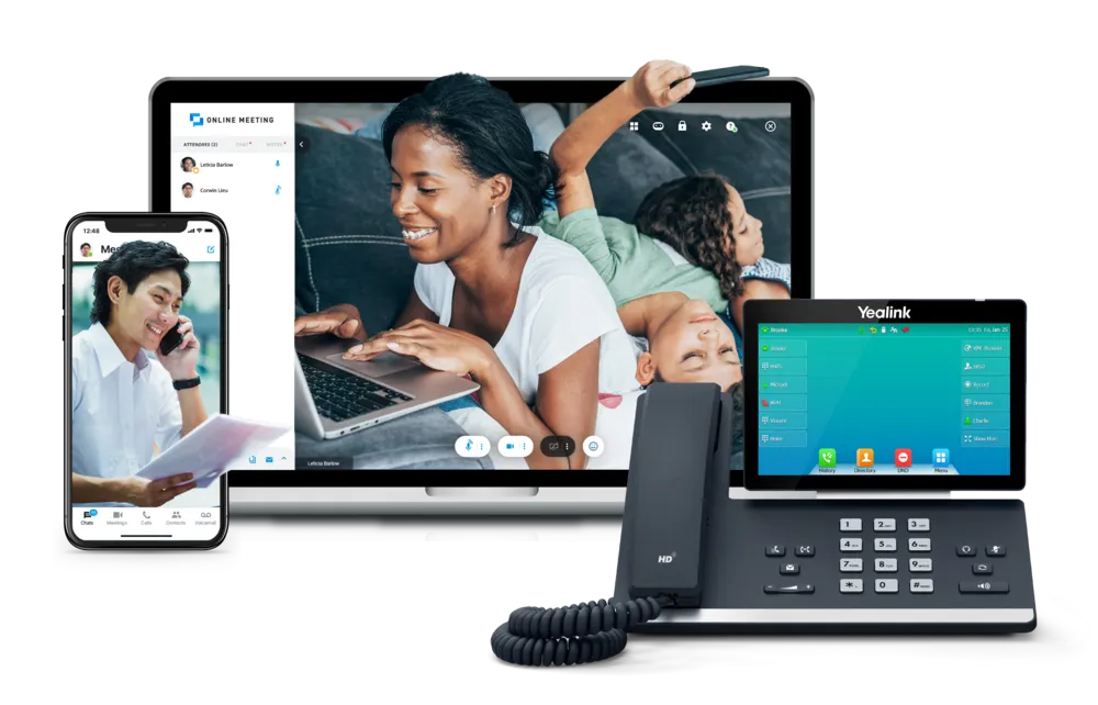 Yealink touchscreen business desk phone with a video meeting on a laptop and the softphone app on a mobile phone